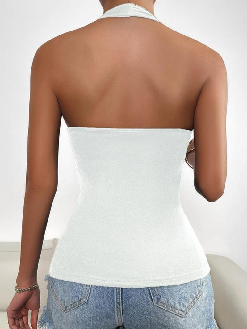 Women'S Solid Zipper Halter Neck Backless Top, Summer Clothes Women, Street Fashion Casual Sleeveless Top for Daily Outdoor Wear, Women Clothing for Summer